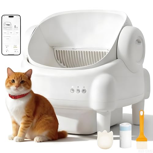 Automatic Cat Litter Box Open Top Design Self Cleaning Cat Litter Box for Multiple Cats with App Control Safety Protection and 11L Large Waste Bin with Trash Bags (White)