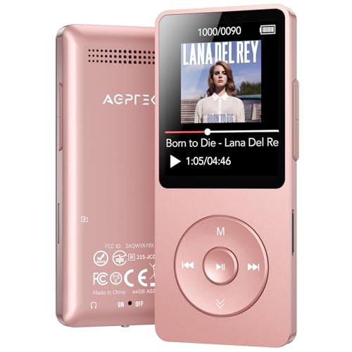 AGPTEK A02 MP3 Player with Bluetooth 5.3, 1.8 inch Screen Portable Music Player with Speaker, FM Radio, Voice Recorder, Supports Expanded Up to 128GB(Rose Gold, 64GB)