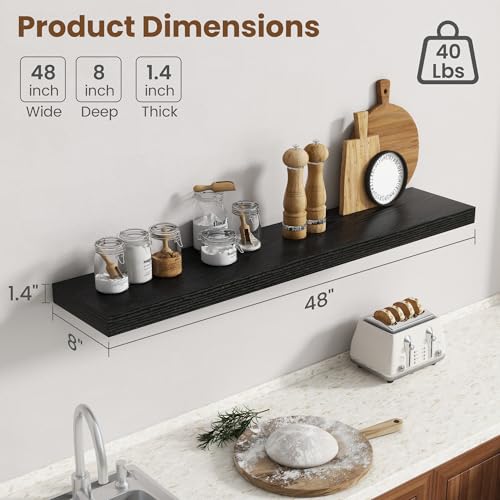 Image of 48 Inch Floating Shelves for Wall, 8 Inch Deep Floating Shelf for Storage & Display, Rustic Wall Mounted Shelf with Invisible Brackets for Living Room, Kitchen, Bathroom, Home Decor, Set of 2, Black