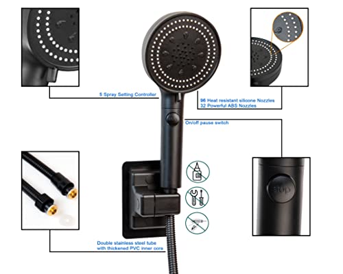 Soashower High Pressure Handheld Shower 5-Settings、Leakproof Extra Long 78 Inch Stainless Steel Hose、Adhesive Shower Head Holder（Height/Angle Adjustable）、Matte Black(Classic)、On/Off Pause Switch #TOP4