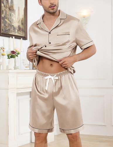 Image of Veseacky Mens Silk Satin Pajamas Set Short Sleeve Sleepwear Button-Down Pjs Sets Two-Pieces Loungewear with Pockets S-XXL