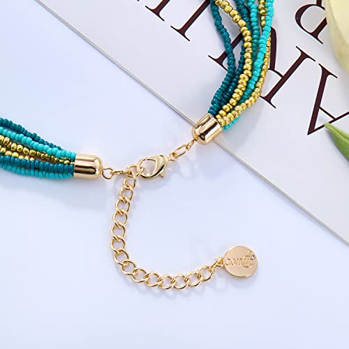 Multi Strand Seed Beaded Necklace With Circle Pendant Chunky Bib Statement Beads Cluster Collar Necklace Set For Women（N0103-Teal） #TOP6
