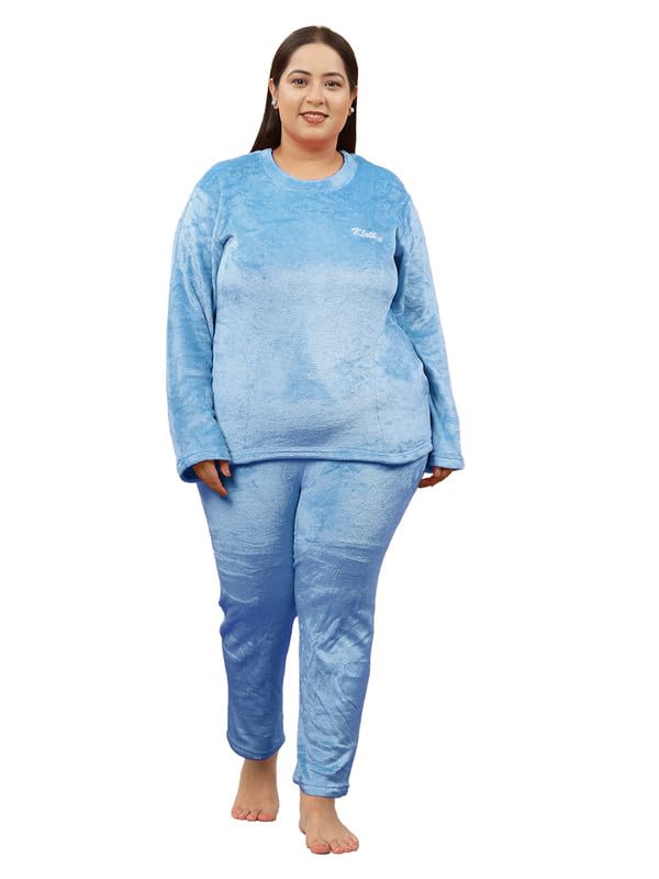 Women SkyBlue Solid Plus Size Woolen Night Suit-image-32