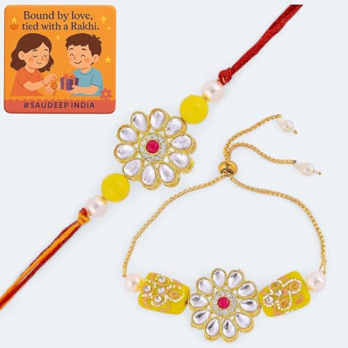 Image of Saudeep India Fridge Magnet with Rakhi Combo Gift Set of Lumba Couple Rakhi for Bhaiya Bhabhi | Travel Souvenir | Refrigerator Magnet(Yellow Stone)