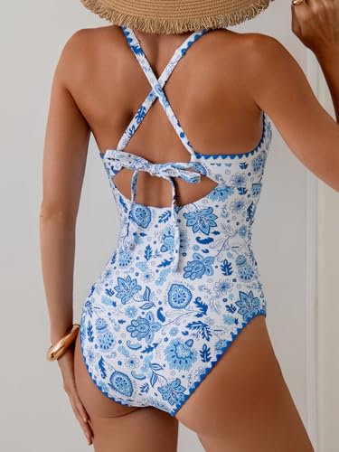 Image of Eomenie Women's One Piece Swimsuit Tummy Control Slimming Bathing Suit Ruched Swimwear Tie Back Shell Stitch Swim Suit