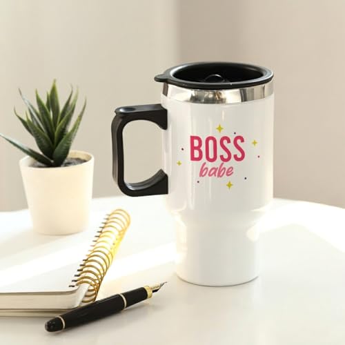 Image of IGP Personalized ‚Boss Babe‚ Travel Mug | Same Day Delivery | 400ml Stainless Steel Insulated Coffee Tumbler with Handle & Tight Lid | Custom Name Empowerment Gift for Her, Office & Commuting | White