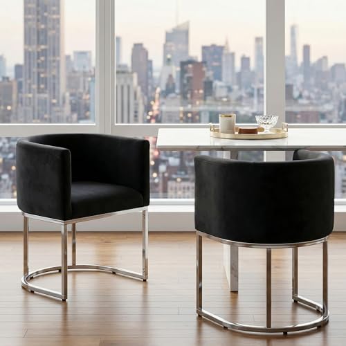 Image of HNY Mid Century Modern Upholstered Barrel Dining Chairs with Arms Set of 2, Velvet Kitchen & Dining Room Chairs, 18.5 inch Wide Accent Chairs for Dining Room Living Room with Chrome Metal Frame, Black