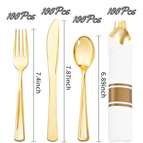 Liacere-100Pack-Pre-Rolled-Gold-Silverware-and-Napkin-Disposable-Gold-Plastic-Utensils-Wrapped-Plastic-Cutlery-Set-with-Napkin100-Forks100-Knives100-Spoons100-Napkins-for-WeddingThanksgiving