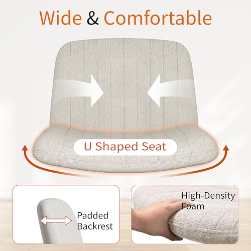 Image of Criss Cross Chair with Wheels, Cross Legged Office Chair, Armless Office Chairs Adjustable Height Swivel Tilting Fabric Vanity Chairs for Home Bedroom (Beige)