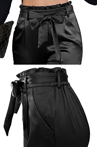 heipeiwa Womens Satin Pants Casual Dress High Waist Bow-Knot Cropped Paper Bag Pants2