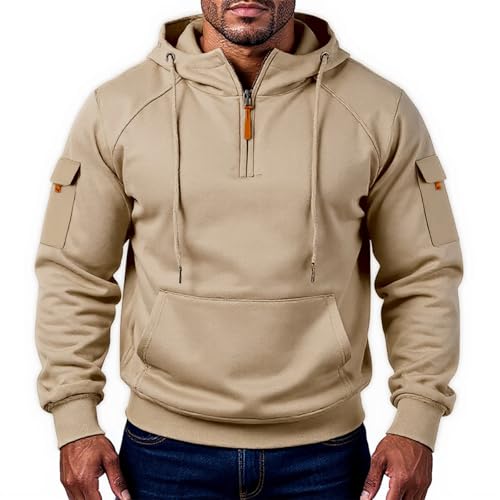 Ymosrh Men's Hoodies, Quarter Zip Long Sleeve Casual Cargo Hoodie Sweatshirt Pullover, M-3XL