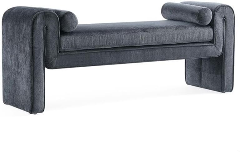 Pemberly Row Contemporary Bedroom Bench, Chenille Upholstered with Solid Pine Wood Frame, Black Finish, Includes 2 Bolster Pillows, Adjustable Feet, 59 in Length, Modern Glam Design for Bedroom or
