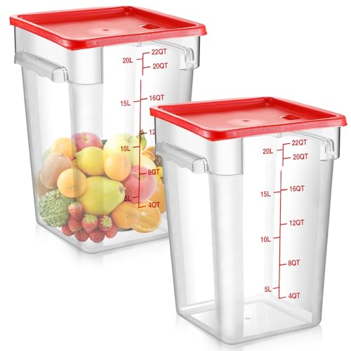 Image of Suclain 2 Pcs Square Food Storage Container Polycarbonate Clear Food Container with Lid Commercial Rice Storage with Graduations for Commercial Kitchen(22 Qt,Red)