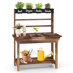 Costzon Kids Potting Bench, Wood Toy Gardening Center with 4 Pots, Chalkboard, Removable Sink, Storage Shelves, Mud Kitchen for Kids Outdoor Play Kitchen, Gift for Boys Girls 3+ Costzon Kids Potting Bench Wood Toy Gardening Center with 4 Pots Chalkboard Removable Sink Storage Shelves Mud Kitchen for Kids Outdoor Play Kitchen Gift for Boys Girls 3
