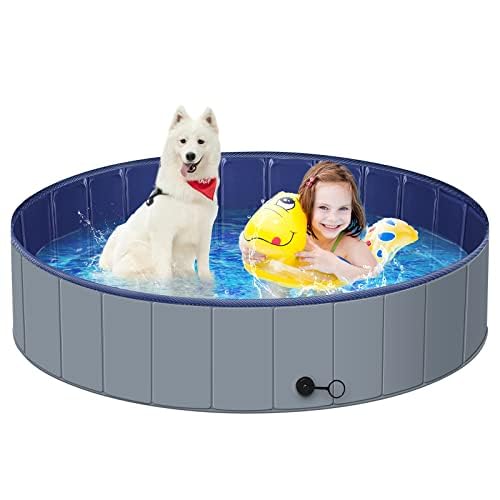 Dog Pool for Large Dogs, Kiddie Pool Hard Plastic, Dog Bathtub Portable, Foldable Pool for Dogs Slip-Resistant (Dark Gray, L-47'x12')