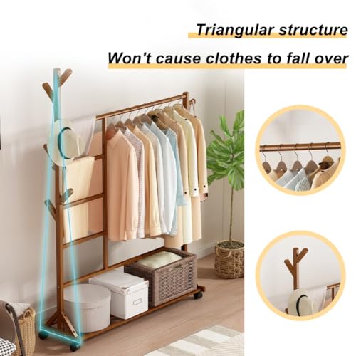 Appendiabiti in Legno di bambù con Ruote, 3 in 1, Autoportante, Ideale per Appendere Vestiti in Camera da Letto, Ingresso E Come Ripostiglio per Cappotti.,Wood Color-70CM
