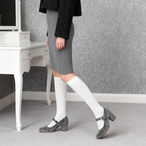 Image of SHODENSE Women Vintage Chunky High Heel Mary Jane Shoes Round Closed Toe Ankle Strap Dress Sandals 3 inch Block Heels Mary Jane Lolita Pumps Two-Toned Patchwork Buckle Office Lady Wedding Retro 4-11 M US