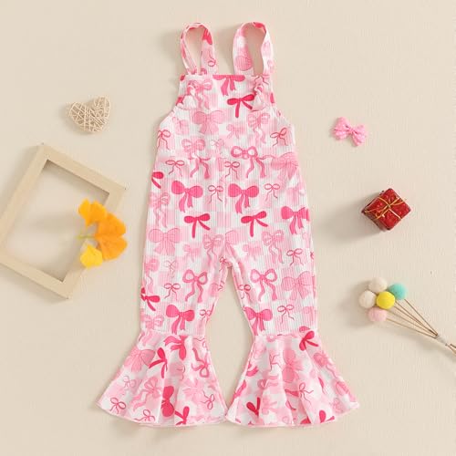 YOKJZJD Toddler Baby Girl Outfit Bow Print Suspender Romper Jumpsuit Overalls Bell Bottom Pants Fall Clothes2