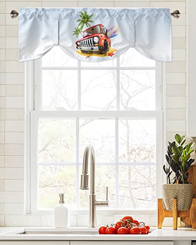 Houseall Tie Up Valances For Window 3D Red Truck Beach Camping Travel Car Valance Curtains Light Filtering Rod Pocket Window Treatment Valances For Kitchen Bathroom Bedroom Basement,1-Panel 42X12In #TOP3