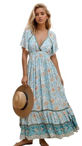 Image of R.Vivimos Women's Summer V Neck Maxi Dress Boho Floral Print Short Sleeve Elastic Waist Ruffle Patchwork A-Line Beach Dress