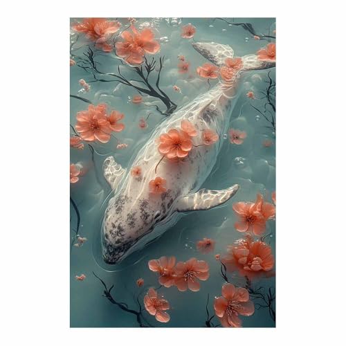 Art mural baleine blanche et fleurs roses pour salon et chambre moderne