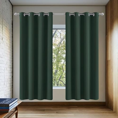 AMZERO Pencil Pleat Curtains 140 x 115 cm Drop Thermal Insulated Super Soft Blackout Curtains for Girls for Bedroom, Kitchen, Nursery, Dark Green