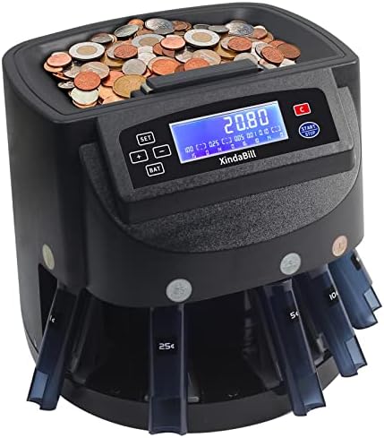 Xindabill XD-9005 Professional USD Coin Counter Machine Automatic Coin Sorter and Wrapper/Roller Equipment with Bin,Tube and LCD Display