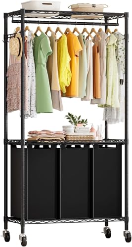 Opiniones y reviews de Almacenamiento y organización de la colada los 10 mejores. 44 Cesto de Ropa Sucia con 3 Secciones y 1Barra de Colgar, Organizador de Almacenamiento de Lavandería, Estante Perchero con Ruedas y Ganchos, Carrito de Lavandería para Dormitorio...