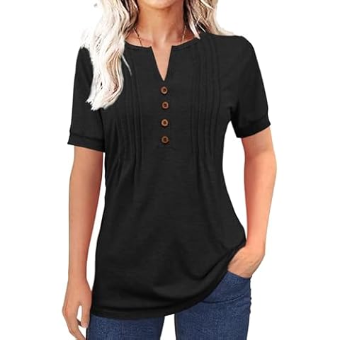 Bosmeer V Neck Tops for Women Button Down Short Sleeve Business Casual T-Shirts Work Party Womens Summer Fashion Black Medium Cover