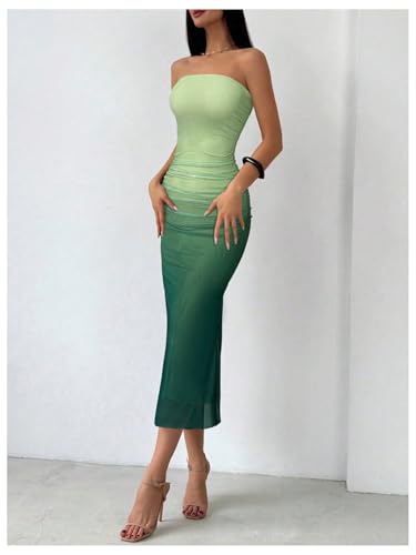 Image of GORGLITTER Women's Sunset Ombre Strapless Cocktail Bridal Shower Midi Dress | Orange Wedding Guest Dress, Mesh Tube Dress, Bridesmaid Dresses, Vacation Beach Sundresses,