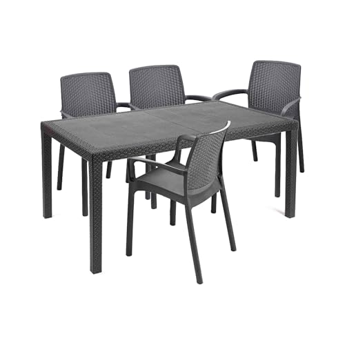 Dmora - Set Salotto da Esterno Roccaraso, Salottino Outdoor e Indoor, Tavolo Rettangolare Fisso con 4 sedie impilabili, Made in Italy, Antracite