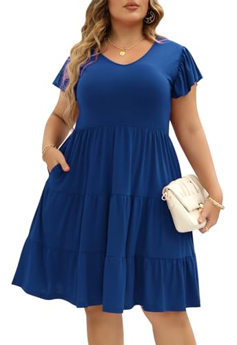 Image of Celkuser Womens Plus Size Summer Casual Midi Dress Short Ruffle Sleeve Tiered Empire Waist T-Shirt Dress with Pockets
