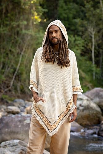 AJJAYA VECHO Poncho Beige Mens Hooded Vegan Textured Cotton with Hood Block Printed Tribal Pattern Gypsy Festival Boho ritual4