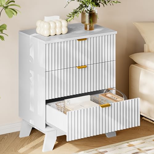 Image of BORNOON 30.5 inch Nightstand with Charging Station, 3-Drawer Fluted Bedroom Chest, Wood Bedside Dresser with Power Outlets and USB Ports, Metal Slides, Stable Base, Modern Storage Cabinet for Small Spaces