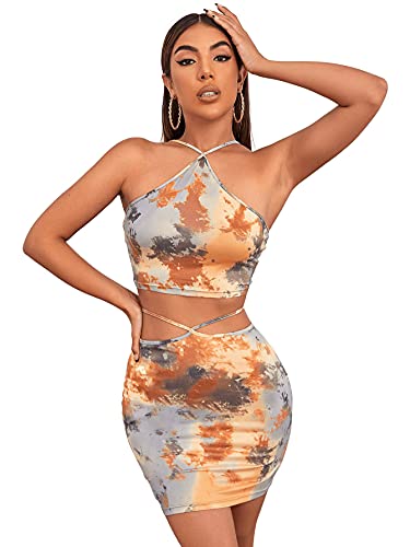 Verdusa Women s Tie Dye Halter Crop Top and Bodycon Skirt Set 2 Piece Outfit Multicolored S