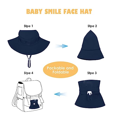 Baby Sun Hat Smile Face Bucket Hat for Boys Girls UPF 50+ Sun Protective Hat Summer Beach Hat for Toddler Z Navy&Gray 2-4T