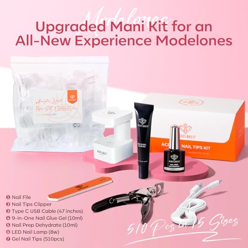 Image of modelones X Nail Gel Kit , Solid Glue Prep Dehydrator UV Light Clipper | 510Pcs Nail Tips Almond Upgrade 15Sizes Medium Almond Press on Tips Etch for Easy Extension DIY Women Gift