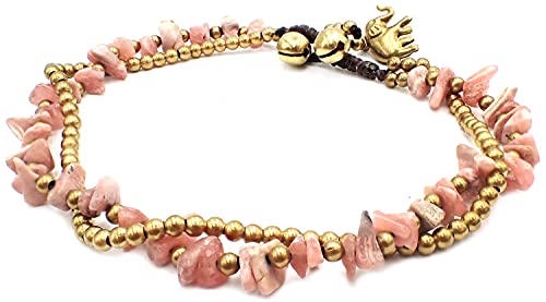 Bijoux De Ja Handmade Pink Rhodonite Chip Stone Elephant Charm Brass Beads Anklet Bracelet 10" #TOP1