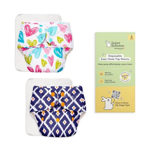 Image of SuperBottoms BASIC Cloth Diaper Pack of 2 with UltraThin Dry Pad & 5 Disposable Easy Clean Top Sheets | Reusable & Washable | Adjustable Fit for Babies 3m-3y