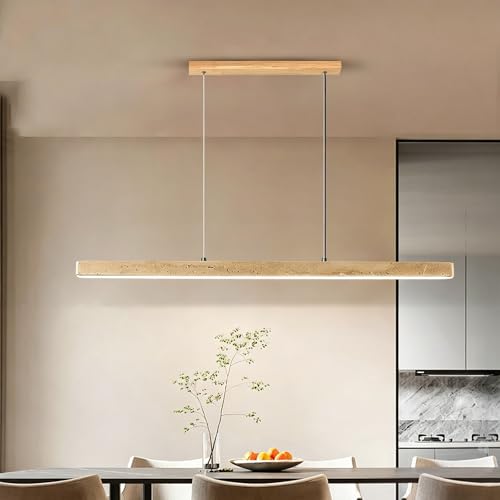 Suspension travertin jaune et bois massif avec éclairage LED tricolore réglable