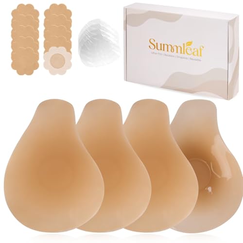 Summleaf Sticky Bra Push Up - Nipple Covers with Lift Tape,Ultra-Thin Pasties for Backless Dress,Invisible Adhesive Bras (2 Pairs) Caramel