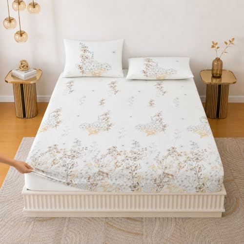 Image of Jaipur Weaves King Size Elastic Fitted Bedsheet, 100% Pure Cotton King Size Fitted Bedsheet for Double Bed with 2 Pillow Covers, 240 TC, 72x78 Inches up to 8-inch Mattress, Floral (Garden Brown)