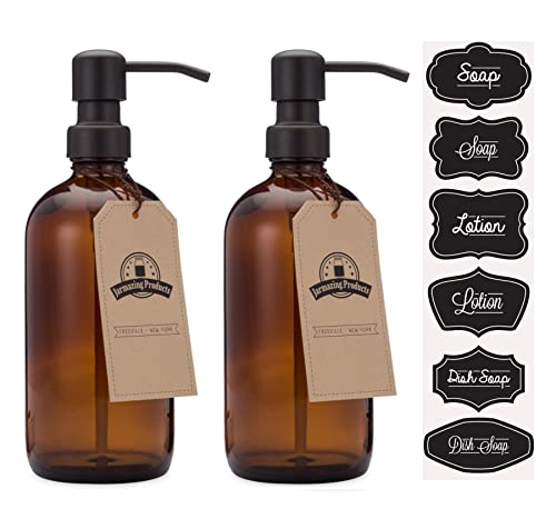 Distributeur de Savon et de Lotion en Flacon de Verre ambré de Jarmazing Products - Ensemble de 2 - avec Une Pompe Noire Mate - 475 ML Cover
