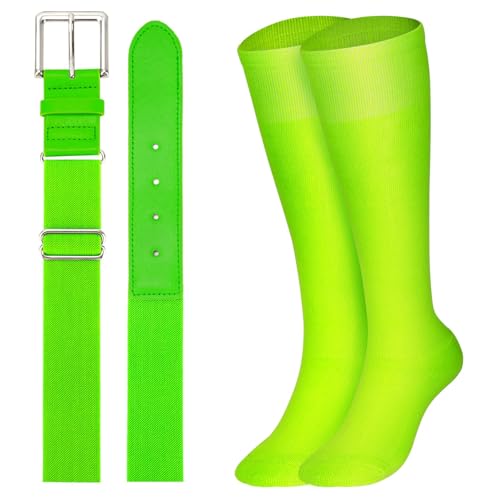 XZQTIVE Baseball Softball Socks and Baseball Softball Belt Combo Set Knee-High Soccer Socks for Kids Youth Adult Fluorescent Green