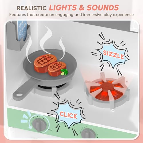 BIERUM Play Kitchen with Realistic Lights & Sounds, Wooden Kitchen Playset with 28 Pcs Toy Food & Cookware Accessories, Toy Kitchen with Plenty of Play Features, Idea Gift for Boys and Girls Ages 3+ by BIERUM - Image 2