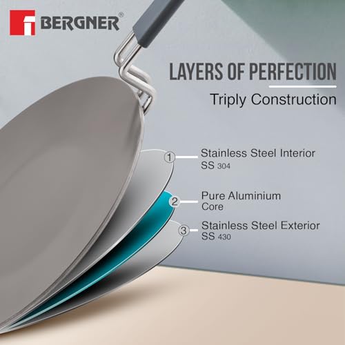 Image of BERGNER Tri-Ply Argent Ceramica 28cm Roti Tawa with Ceramic Coating, Non-Stick Large Roti Tawa with Stay Cool Handle, PFOA Free, Durable, Food Safe, Even and Faster Heating - Induction Compatible
