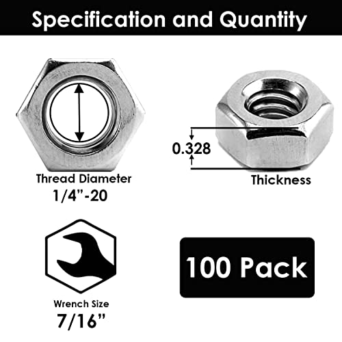 Lock Nut 1/4"-20 Inch (100 Pieces) Stainless Steel Finish Hex, By Bolt Dropper, 304 18-8 Stainless With Nylon Insert. #TOP1