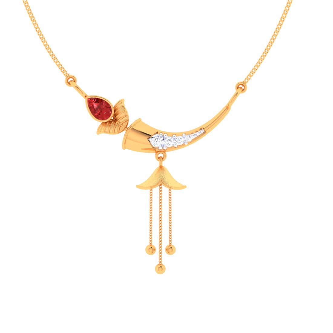 14KT (585) Yellow Gold Ball Drop Sanai Pendant With Red Stone For Women & Girls - 0.9 Gram