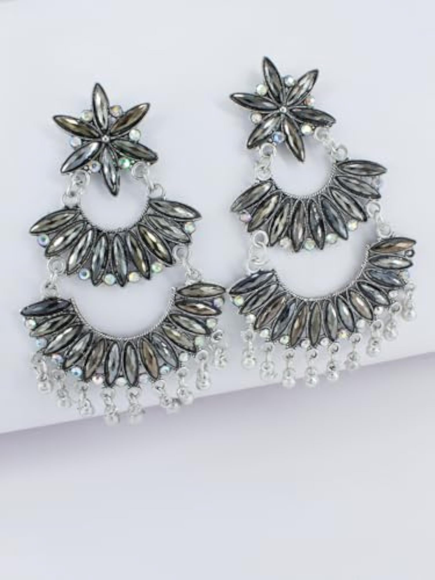 Women's Silver Oxidised Star Shaped Drop Earrings, 2 Layers