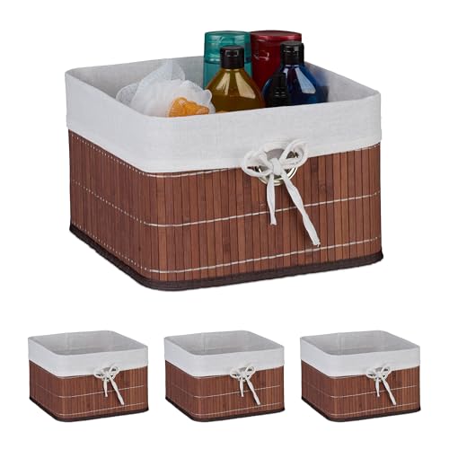 Relaxdays Aufbewahrungskorb 4er Set, Bambus, Stoffeinsatz, HBT: 20x31x31 cm, Körbchen Griffloch, Regalkorb, braun/weiß